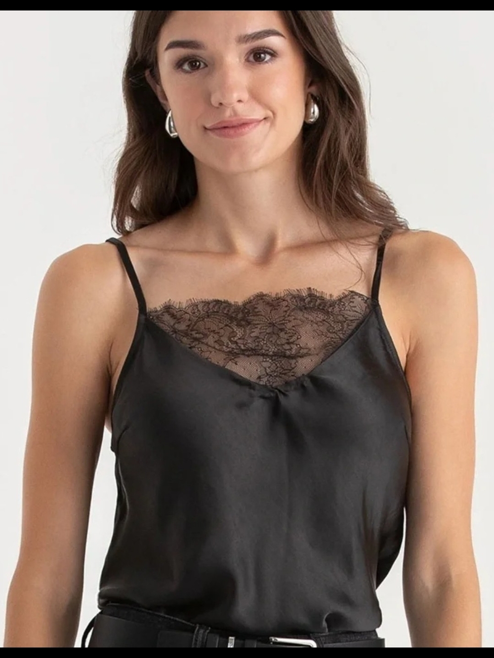 NWOT Ricki's Black Satin Cami with Lace trim Back & front Medium